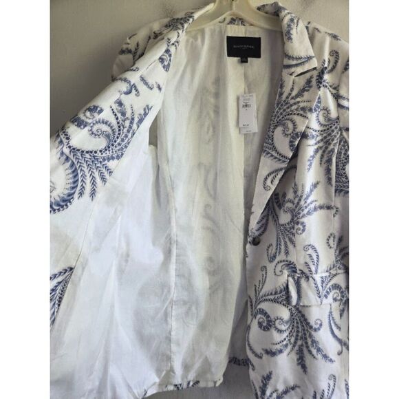 NWT Banana Republic "Long & Lean" Blue White Print Linen 1 Button Blazer size 14 - Picture 7 of 10